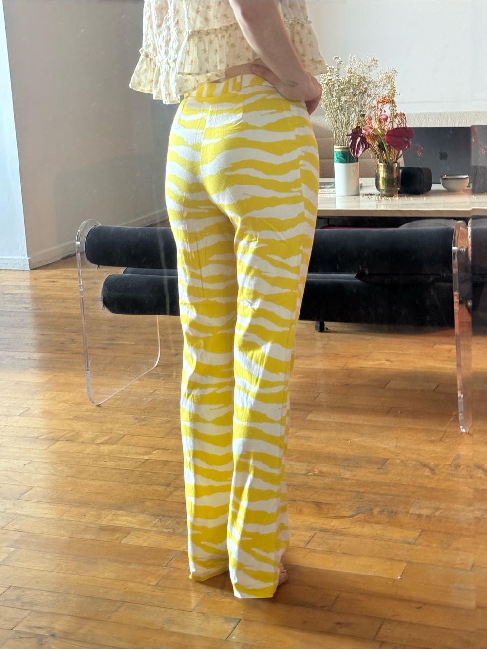 Versace Yellow and White Zebra-Print Boot Cut Pants - Picture 3 of 8